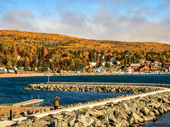 Colorful buildings dot the shoreline like a box of crayons spilled by a giant. Paul Bunyan, was that you?