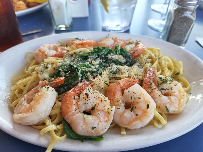 Plump shrimp nestled in pasta, proving that sometimes Italian and New England cuisines make the perfect dance partners. Photo credit: Joellen