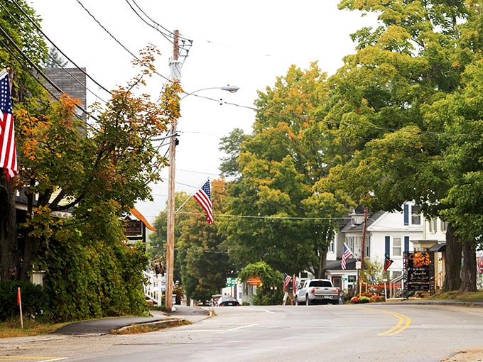 A Norman Rockwell painting come to life! Quaint shops and classic architecture create a scene of timeless Americana.