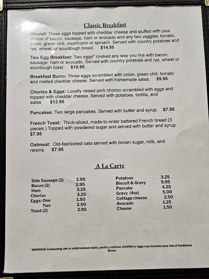 Breakfast of champions! This menu reads like a love letter to morning indulgence. Who needs a snooze button when you've got chorizo and eggs?