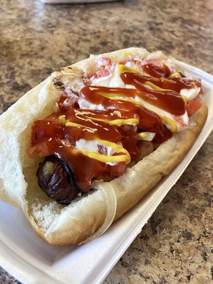 Hot diggity dog! This isn't just a hot dog, it's a work of art. Jackson Pollock would be proud of those condiment swirls.