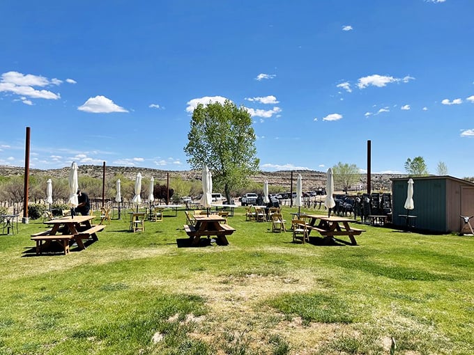 Al fresco vino paradise! These shaded tables offer the perfect perch for sipping, chatting, and pretending you're sophisticated enough to detect notes of leather in your Merlot.