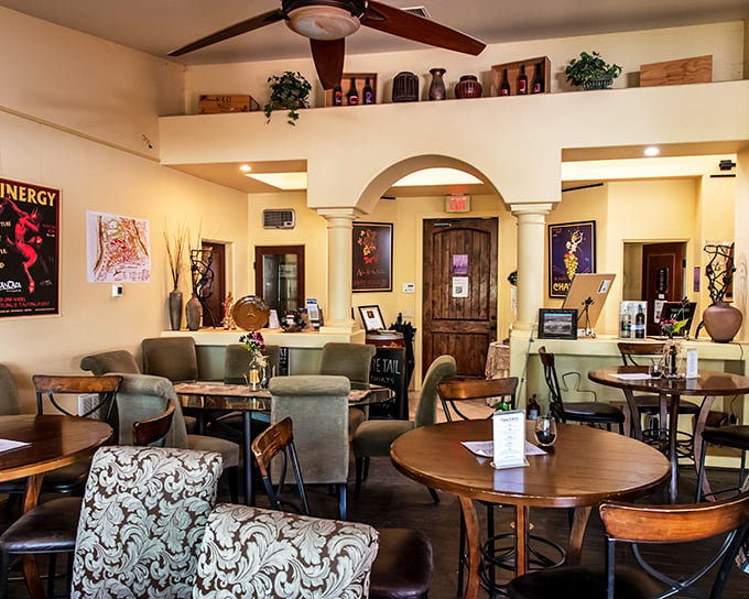 Step into wine country chic. This cozy tasting room blends rustic charm with modern comfort, like your favorite pair of broken-in cowboy boots with orthopedic insoles.