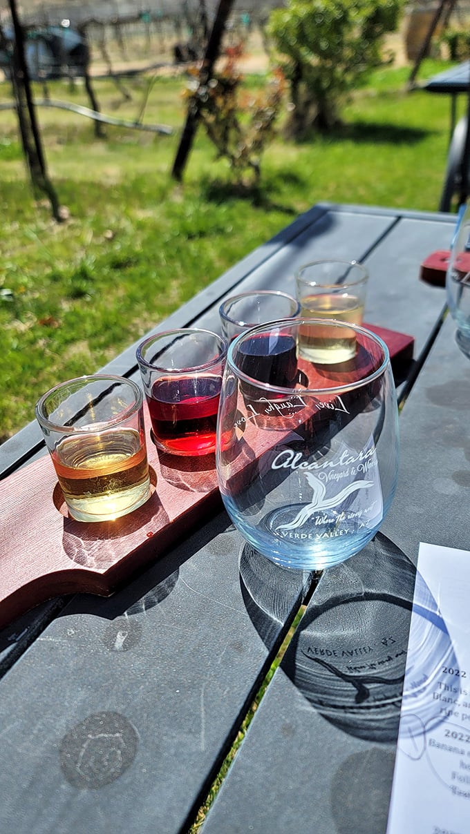 A rainbow you can drink! This tasting flight showcases Alcantara's palette of wines, from blush pinks to deep purples – no pot of gold, just liquid treasures.