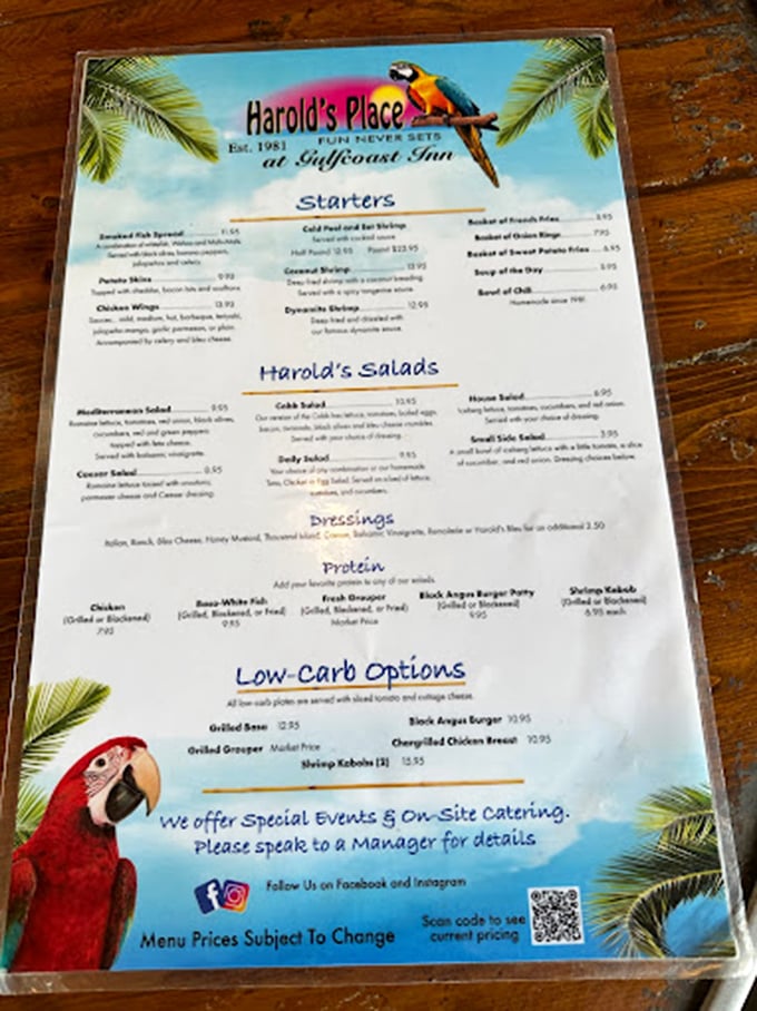 Menu, oh menu, what tropical treasures do you hold? From gator bites to fresh catch, Harold's offerings are a culinary adventure waiting to happen.