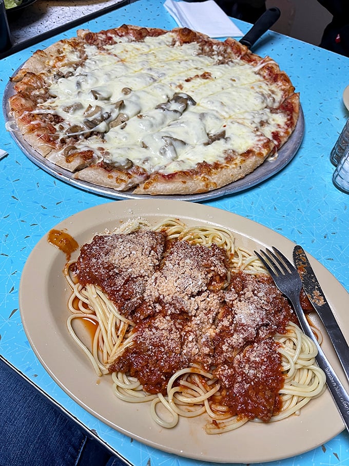 The dynamic duo of comfort food: A pizza that could make a Neapolitan weep and spaghetti that would make your nonna proud.