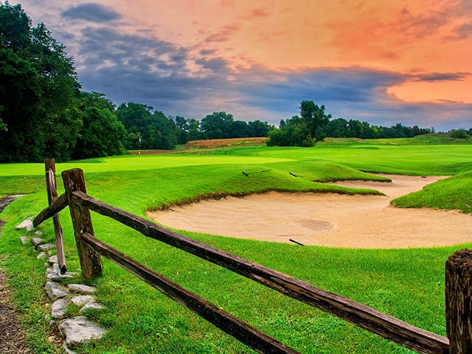 A golf course bathed in golden hour light. It's the kind of scene that makes you forget about your triple bogey on the last hole.