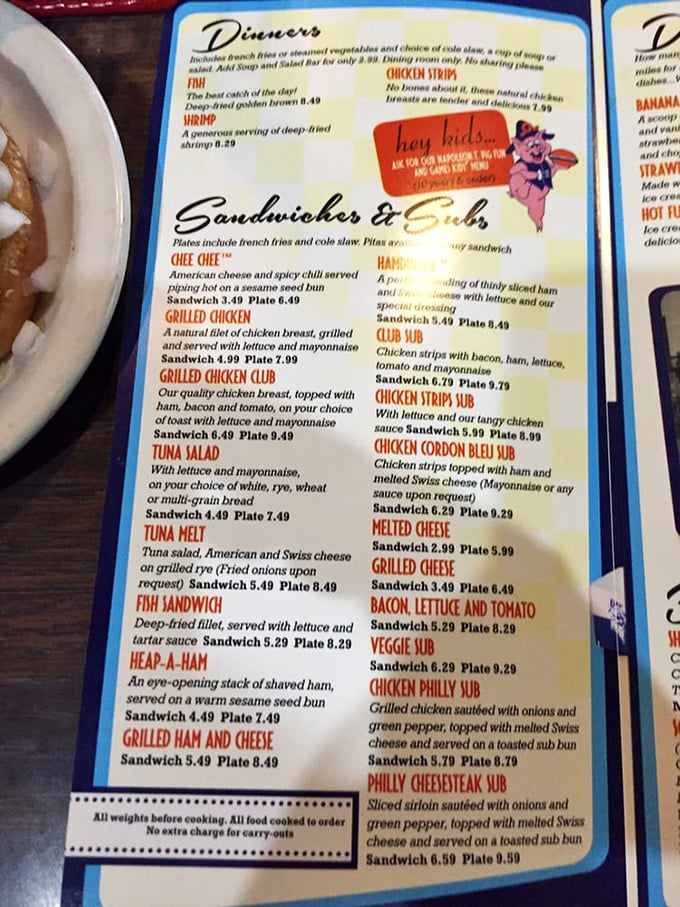 Decisions, decisions! This menu is like a greatest hits album of comfort food. From Chee Chee to Chicken Cordon Bleu Sub, it's a culinary trip down memory lane.