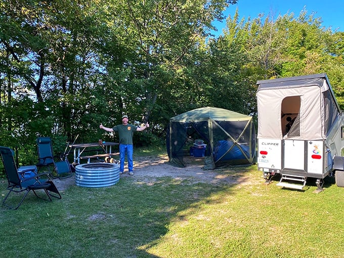 Camping with a view: Where 'roughing it' means choosing between lake gazing and stargazing. Tough decisions at Brimley State Park!