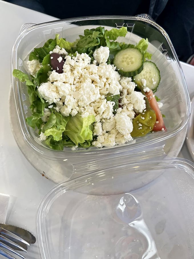 A Greek salad that's fresher than a sitcom reboot! It's the perfect palate cleanser between Coney conquests.