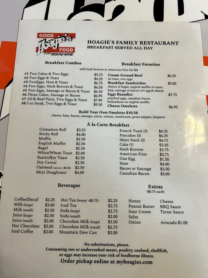 This menu is like a treasure map, but X marks the spot for every delicious breakfast combo imaginable.