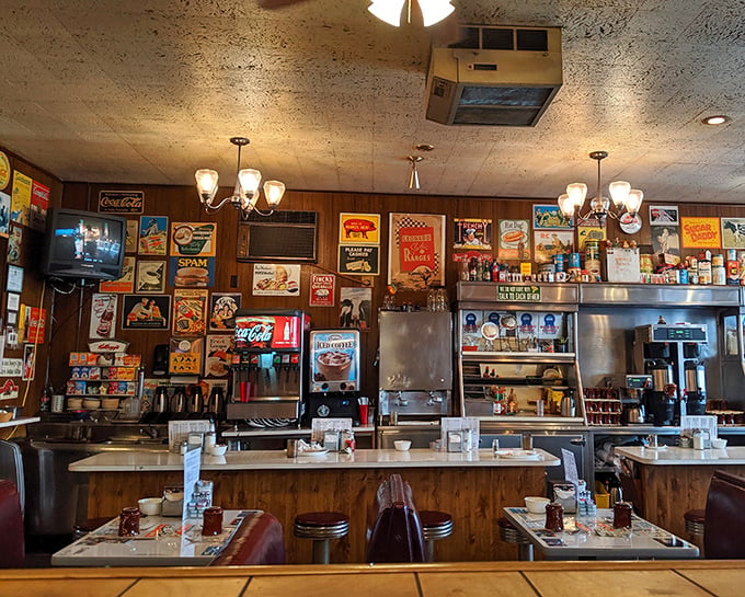 A wall of vintage charm that's part diner, part time capsule, and 100% delicious nostalgia.