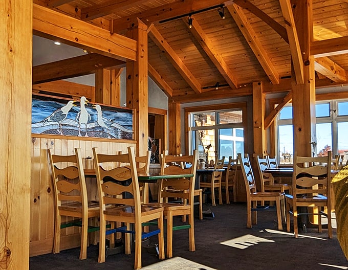 Step inside and feel the warmth of wood beams and lake views. It's like dining in a cozy cabin, minus the bears!