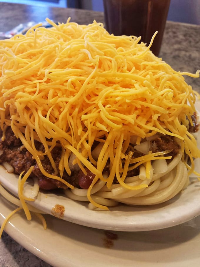 Behold the legendary 5-way chili! It's like a culinary Jenga tower – precarious, yet perfectly balanced.