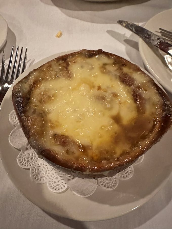 Baked French Onion Soup: A cheesy volcano of comfort that would make even volcanologists weep with joy. Caution: May cause spontaneous happiness.