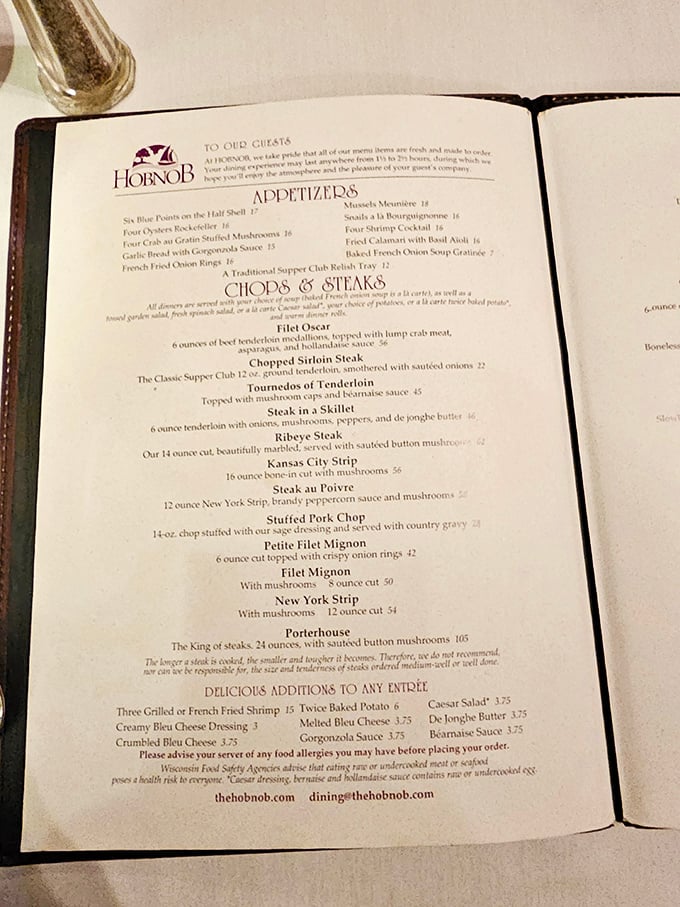 Behold, the menu of champions! From Filet Oscar to Tournedos of Tenderloin, it's a carnivore's dream and a cardiologist's nightmare.