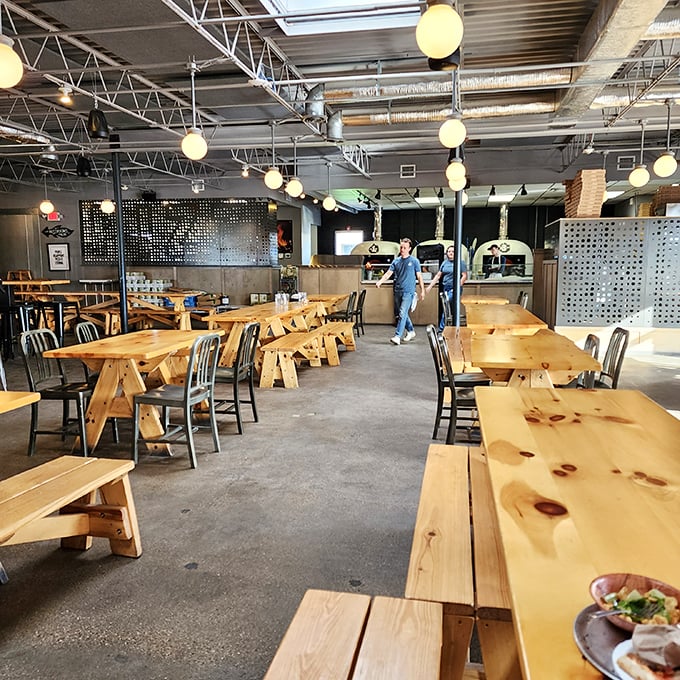 Rustic chic meets pizza geek! This dining area is so inviting, you might forget you came here just to eat.