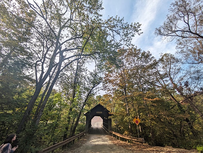 Driving through this bridge is like entering a wooden time portal. Just don't expect to come out in the 