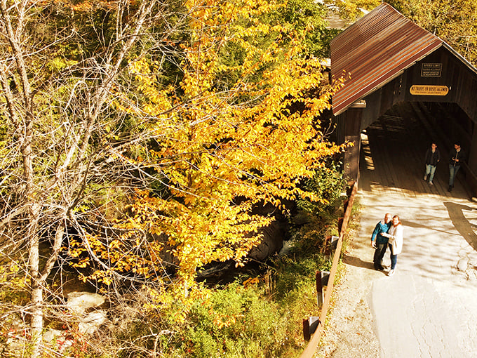 Leaf peepers, rejoice! This bird's eye view of Emily's Bridge is like a Bob Ross painting come to life.