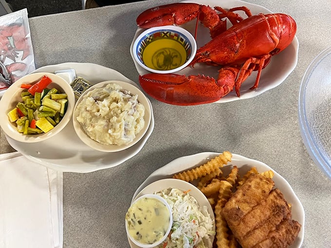 A feast fit for a coastal king: fresh lobster, classic sides, and the promise of a memorable meal. Photo credit: Gretchen L