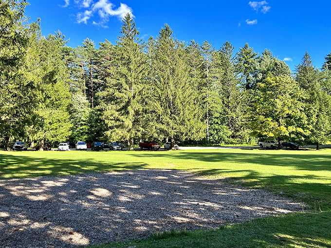 Lake Shaftsbury's lot proves even cars deserve a scenic spot. It's like a drive-in theater where nature provides the show.