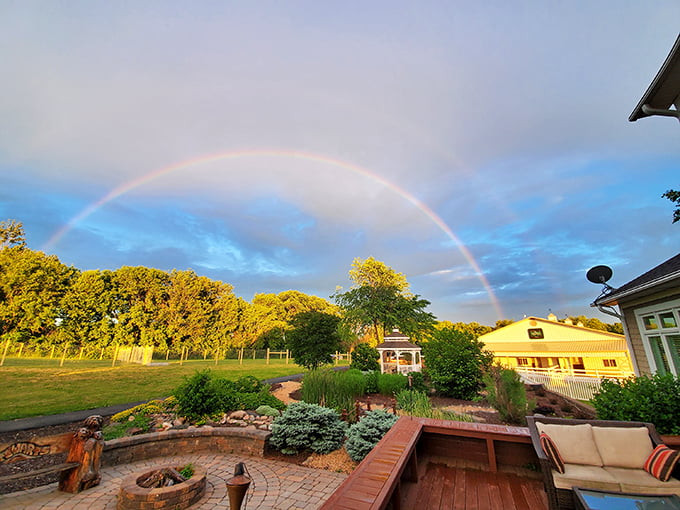 Mother Nature's showing off with this stunning rainbow. It's as if she's giving the farm her official seal of approval. 