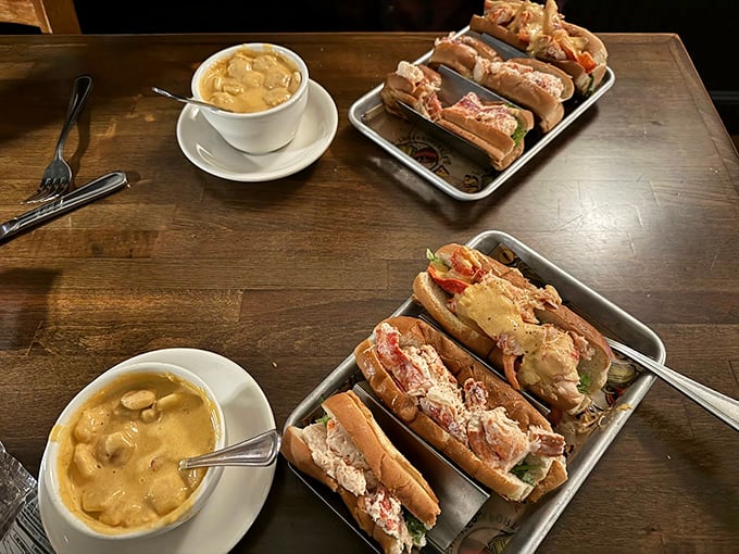 The dynamic duo of Maine cuisine: steaming clam chowder paired with overstuffed lobster rolls makes decision-making delightfully simple. Photo credit: Daniel Kimball