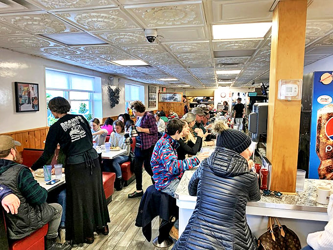 A bustling morning at Becky's, where every booth tells a story and every plate carries a piece of Maine tradition. Photo credit: Scott B.