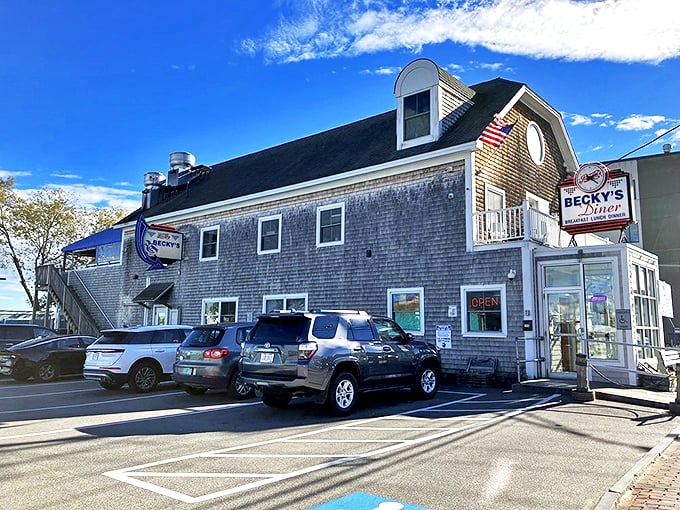 The classic shingled exterior stands proud against Maine's sky, a beacon for hungry souls seeking authentic local flavor. Photo credit: Jennifer C.