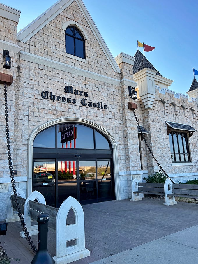 "Cheese Castle" isn't just a name – it's a promise. With its turrets and flags, this entrance sets the stage for a truly grand dairy adventure. 