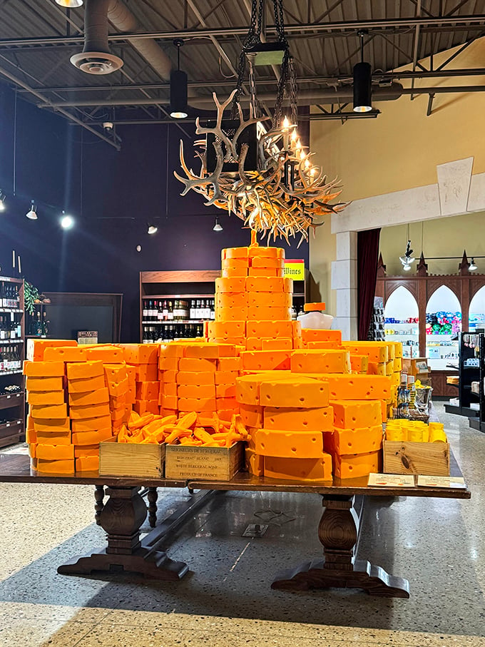 Behold the golden mountain! This cheese display is like Willy Wonka's factory for adults who prefer their indulgences savory and paired with wine. 