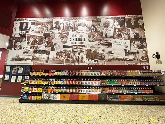 A wall of memories cheesier than your uncle's jokes. This photo collage tells the story of Mars Cheese Castle's journey from humble beginnings to a dairy dynasty. 