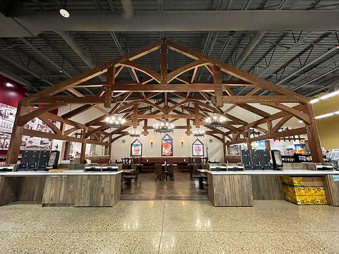 Dine like dairy royalty under rustic beams and stained glass. This medieval-meets-modern space is perfect for plotting your next cheese conquest. 