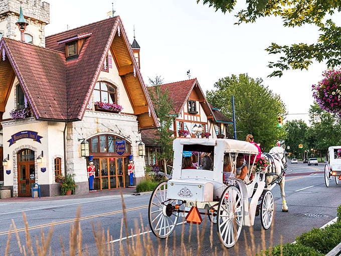 Frankenmuth: A slice of Bavaria in the Midwest! Horse-drawn carriages and gingerbread architecture transport you to a fairytale world.