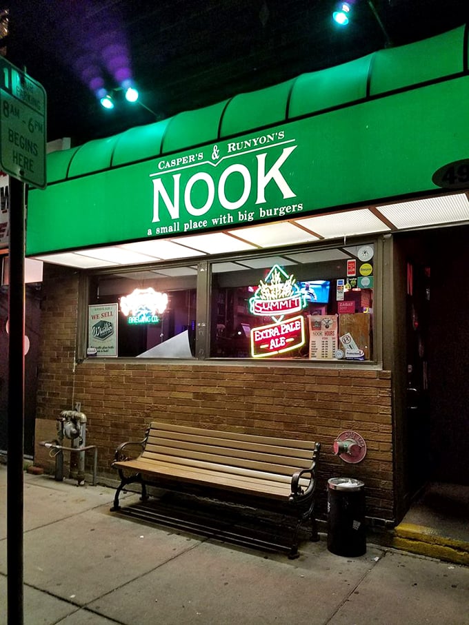 Part dive bar, part burger heaven, The Nook is where diet plans go to die happy. That 7-Up sign? It's for washing down the guilt. Photo credit: Fox E.