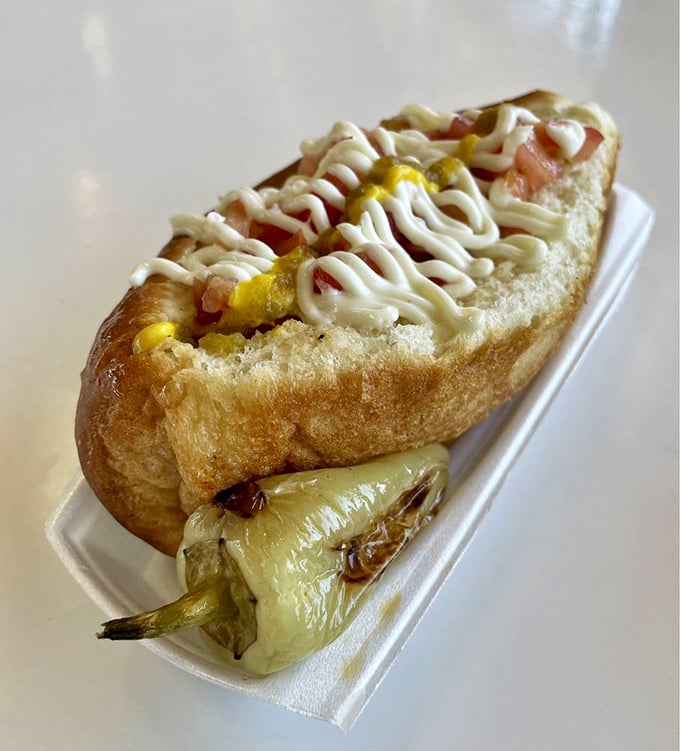 Hot diggity dog! This Sonoran-style masterpiece is like a flavor fiesta wrapped in a warm, pillowy hug.