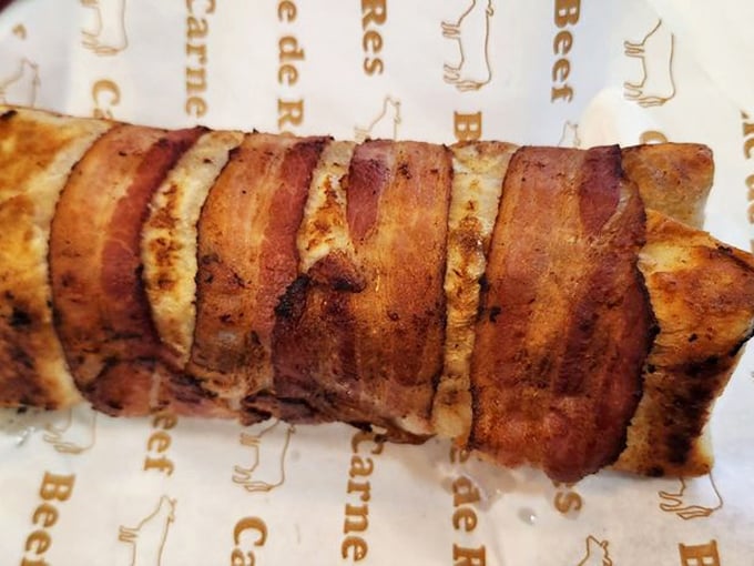 Bacon-wrapped bliss! This burrito looks like it's been to the gym and bulked up on deliciousness.