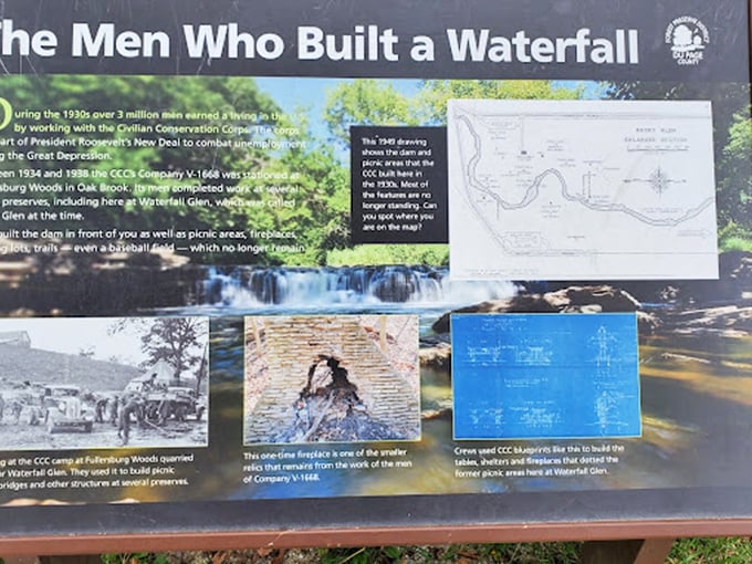 History carved in stone: This informative plaque reveals the waterfall's surprising origin story, proving that sometimes, human ingenuity and nature make a perfect splash.