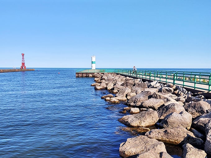 Pentwater's boardwalk: Where every step is a reminder that life's better with a lake view and a gentle breeze.