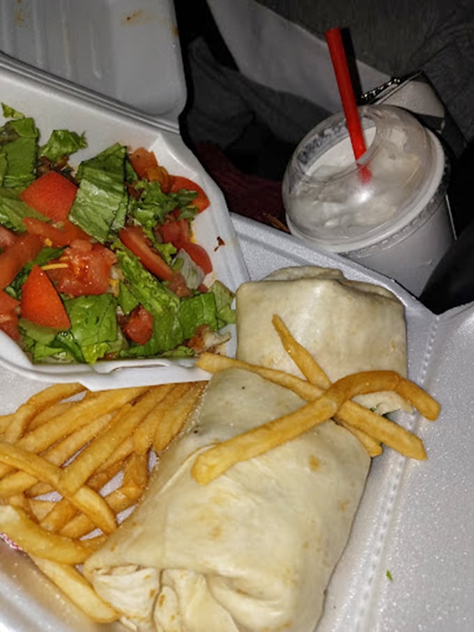 Who says you can't have it all? This plate's got greens for health, a wrap for substance, and fries because, well, fries!