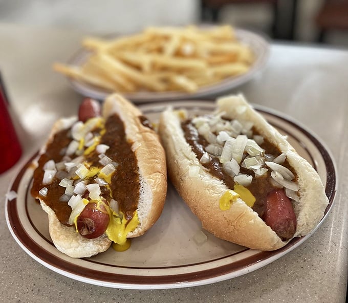 The dynamic duo of diner delights! These Coney dogs are ready to rock your taste buds like a culinary concert.