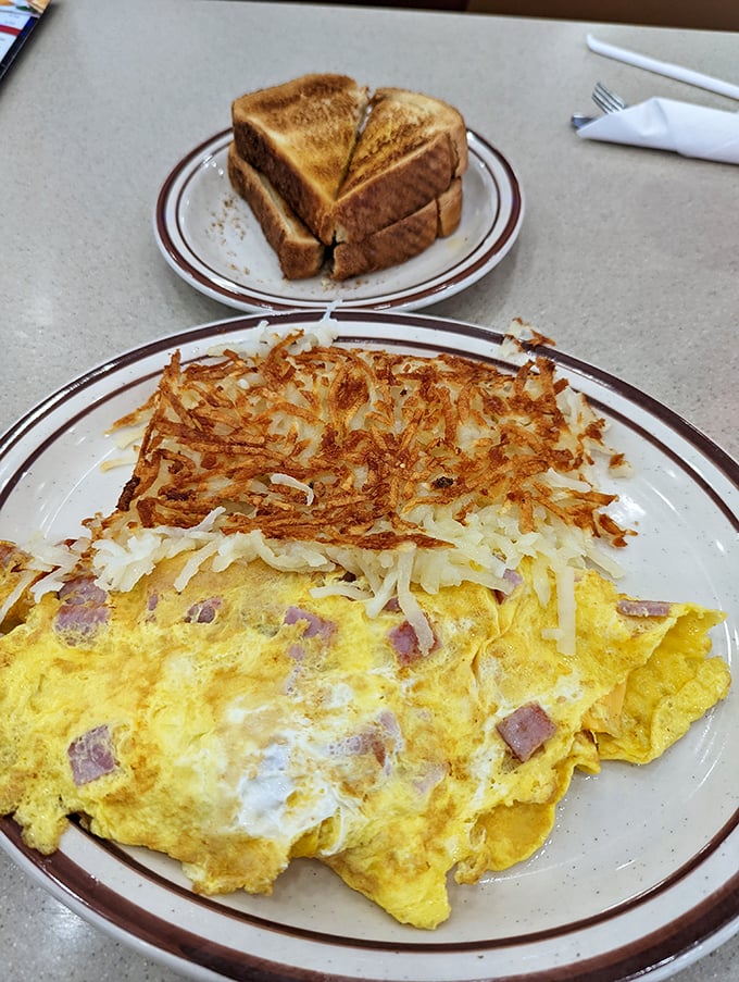 Egg-cellent adventures await! This omelet is fluffier than a cloud and packed with more goodies than Santa's sleigh.