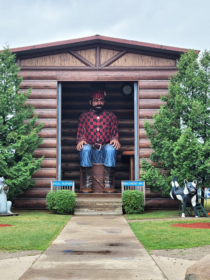 Honey, I shrunk the tourists! Paul Bunyan's cabin makes everyone feel pint-sized. It's like walking into a "Honey, I Shrunk the Kids" sequel set in the North Woods.