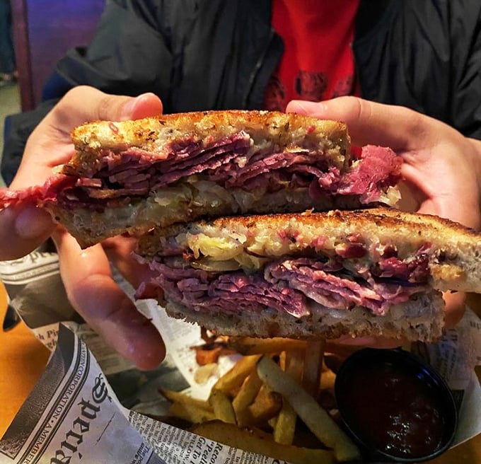 The Reuben that launched a thousand cravings! This sandwich is so packed, it could qualify for its own zip code.