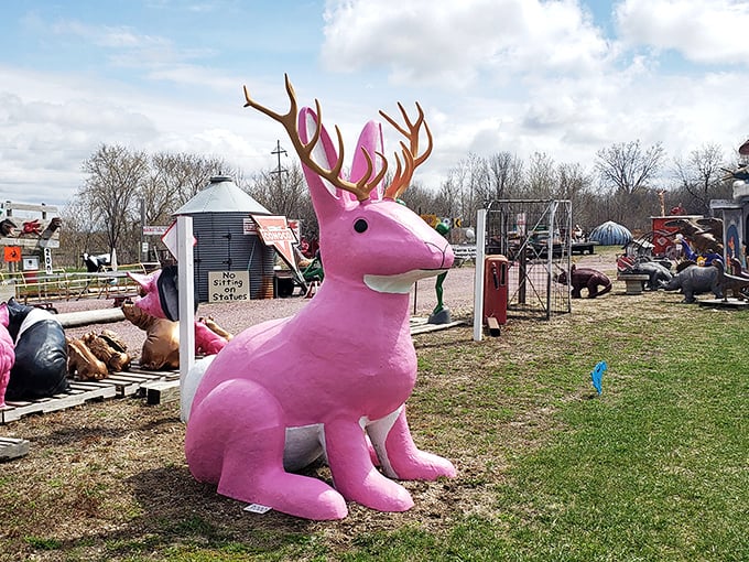 Pink isn't just for flamingos anymore! This cotton candy-colored jackalope proves that even mythical creatures can rock a bold fashion statement.