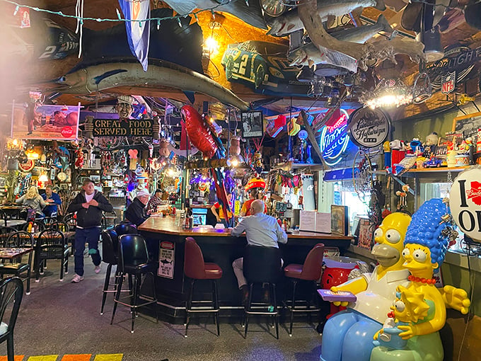 Step into a fisherman's fever dream! This eclectic interior is where nautical knick-knacks go to party, and the Simpsons apparently come for happy hour.