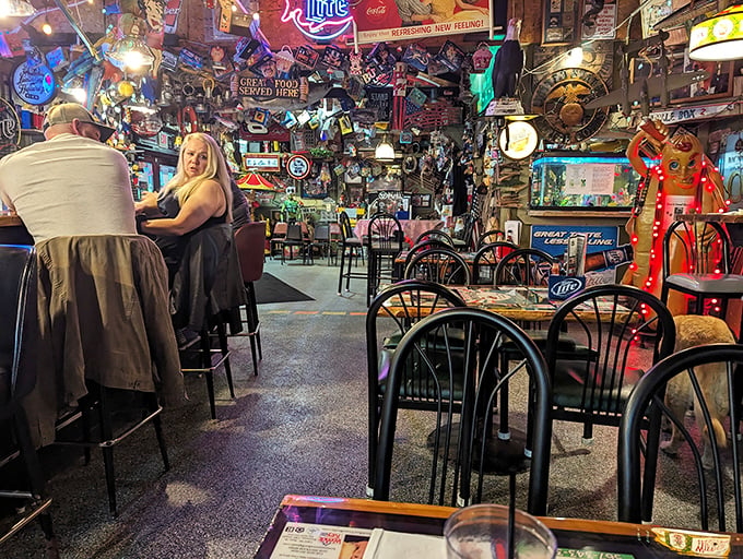 Where every seat tells a story! This dining area is a treasure trove of memorabilia, making every meal feel like an adventure.