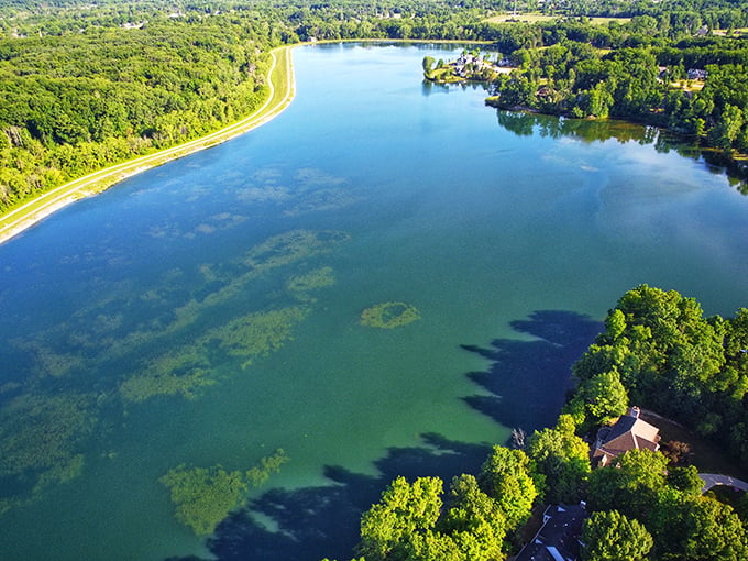 Talk about a bird's eye view! Lake Medina stretches out like nature's own infinity pool, complete with a forest-fringed hot tub.