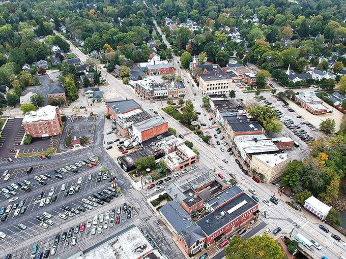 Bird's eye bliss: From up here, Chagrin Falls looks like a model train set come to life. It's a perfect blend of small-town charm and modern convenience, all nestled in a sea of green.