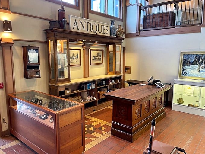 Welcome to antique Tetris! This counter area is a masterclass in vintage Jenga, minus the falling pieces.